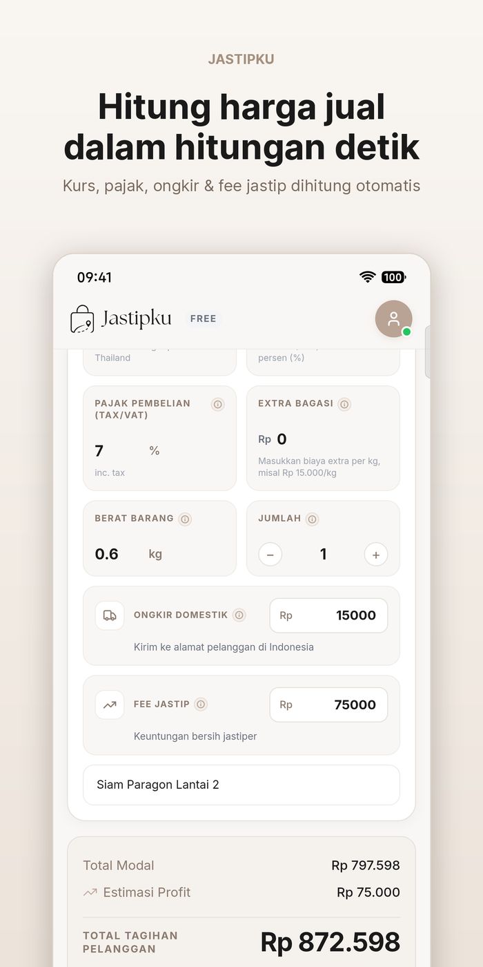 Calculateur de prix de Jastipku