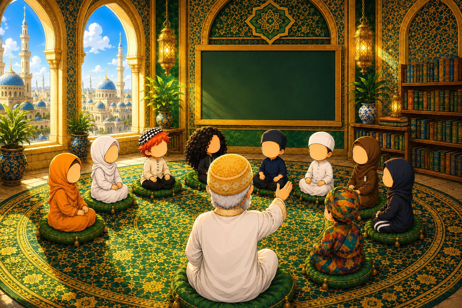 Interface Animuslim avec les étages et les classes d'une école islamique animée