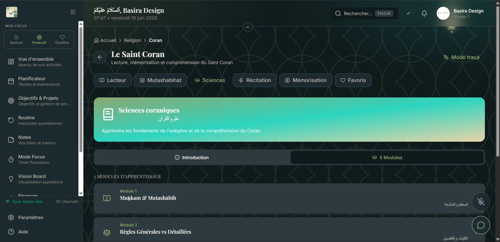 Interface Basira Life montrant les horaires de prière et le planner du jour