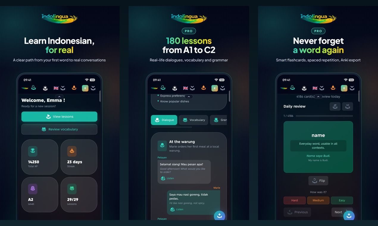 Interface d'une leçon IndoLingua, cartes de vocabulaire et dialogue avec un partenaire IA