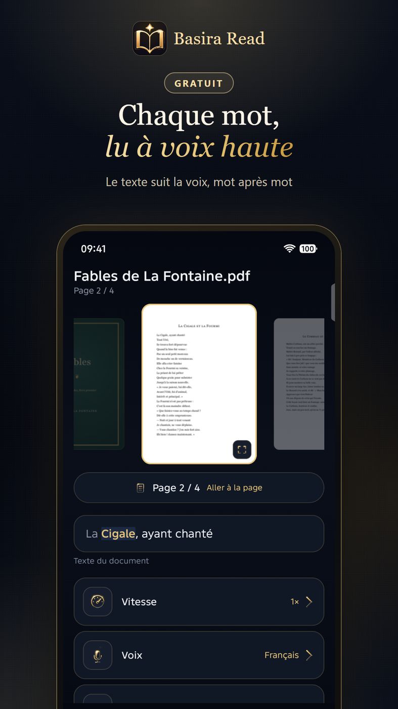 Interface Basira ReadEverything avec un PDF transformé en lecture audio